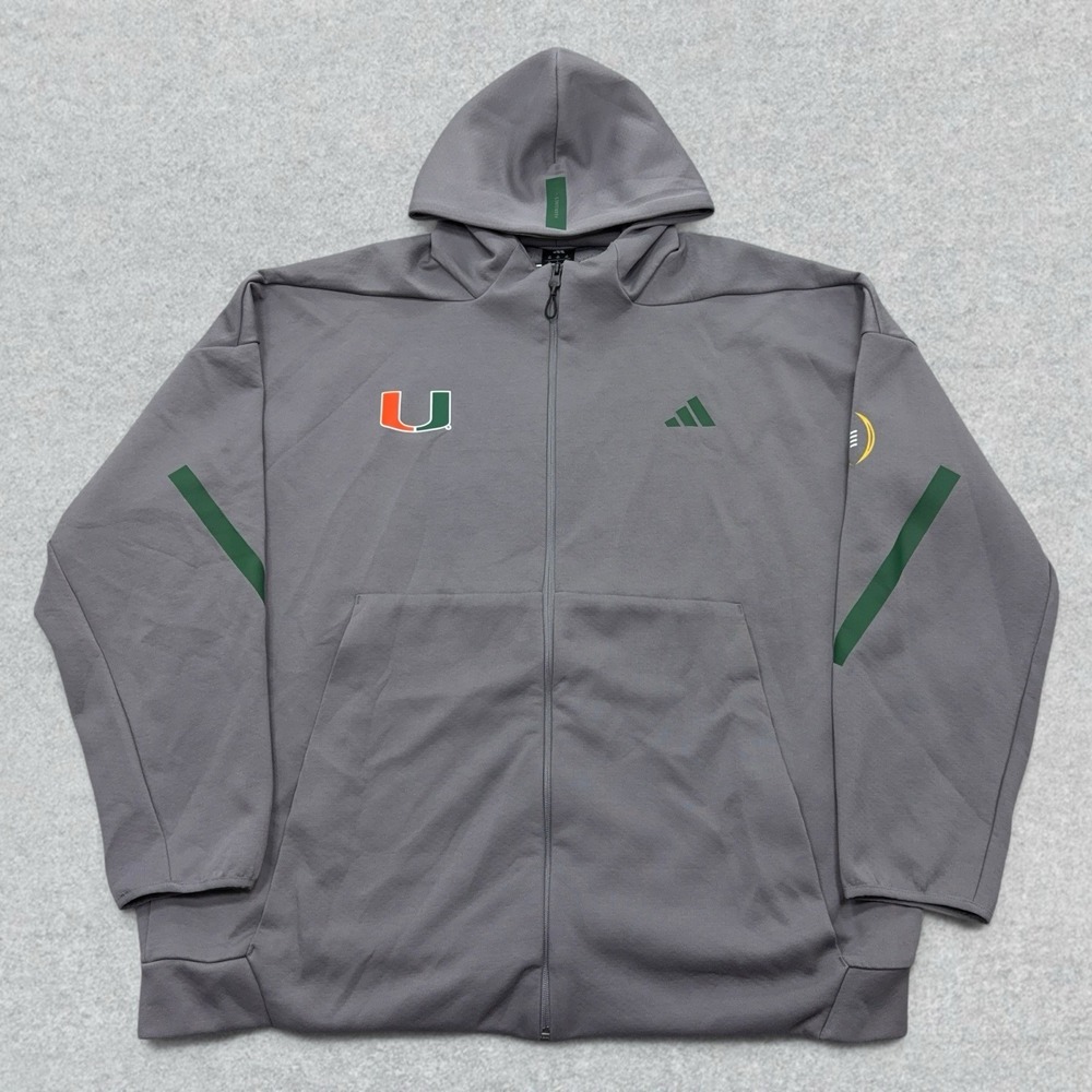 Adidas Miami Hurricanes Jacket Mens 3XL Gray Team Issued Full Zip Hooded NCAA